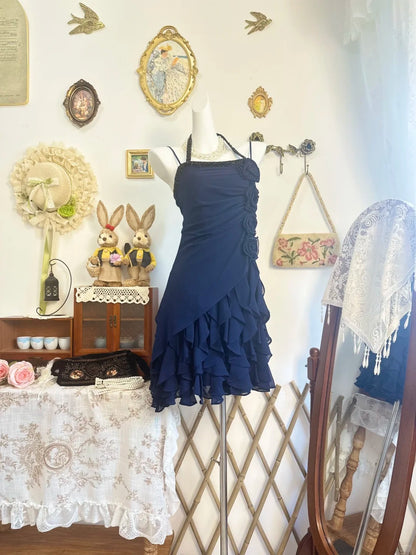 Spaghetti Straps Ruffled Navy Blue Chiffon Homecoming Dress   P2138