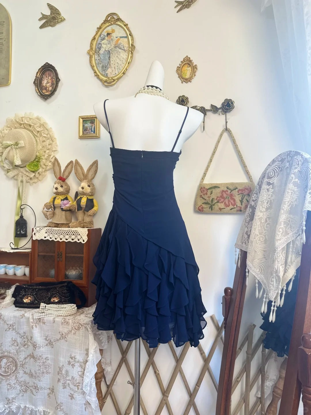 Spaghetti Straps Ruffled Navy Blue Chiffon Homecoming Dress   P2138