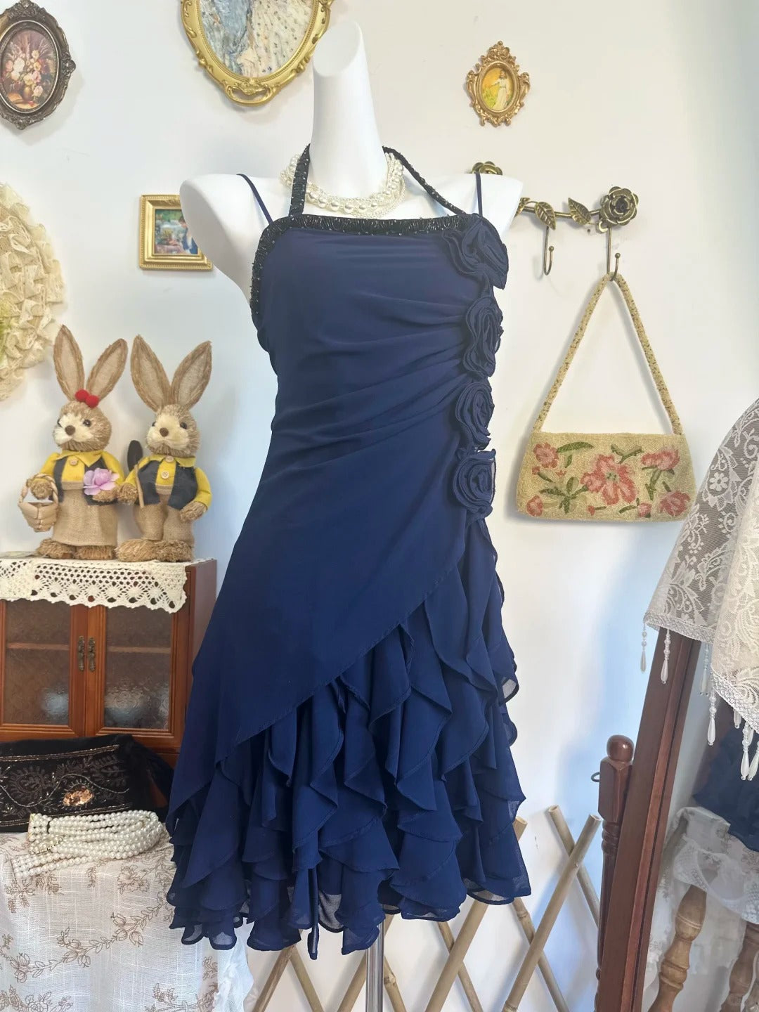 Spaghetti Straps Ruffled Navy Blue Chiffon Homecoming Dress   P2138