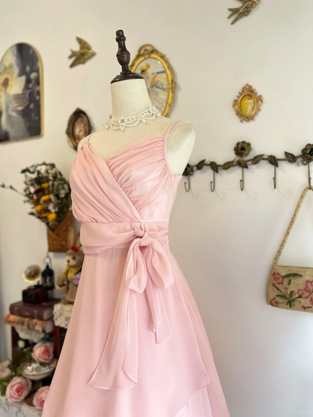 Spaghetti Straps Ruffled Pink Chiffon Homecoming Dress  P2189
