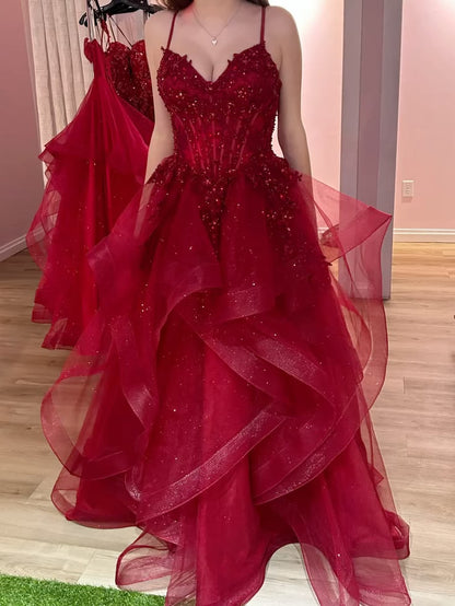 Spaghetti Straps Ruffled Sparkle Red Tulle Formal Prom Dress  P2623