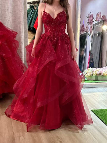 Spaghetti Straps Ruffled Sparkle Red Tulle Formal Prom Dress  P2623