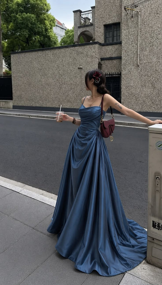 Spaghetti Straps Satin A Line Navy Blue Long Prom Dress   P2631