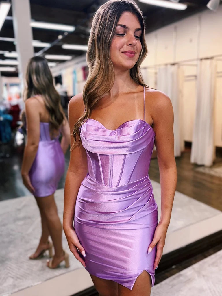Spaghetti Straps Satin Sheath Mini Homecoming Dress  P2350