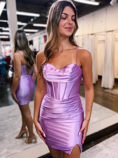 Spaghetti Straps Satin Sheath Mini Homecoming Dress  P2350