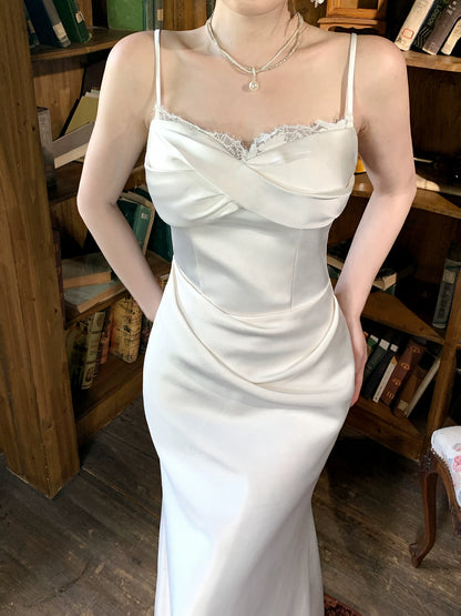 Spaghetti Straps Satin Sheath Wedding Dress Long Birthday Dress  P1659