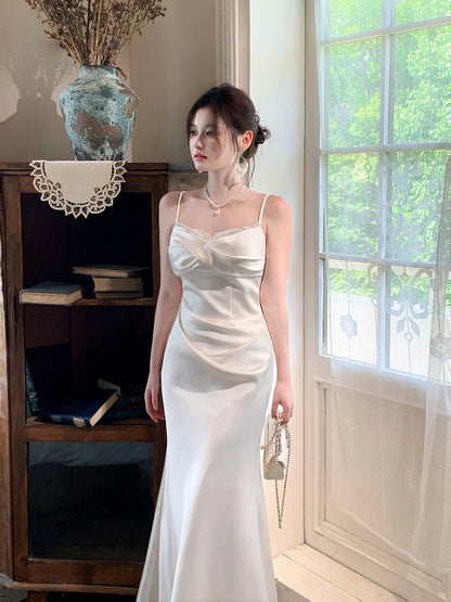 Spaghetti Straps Satin Sheath Wedding Dress Long Birthday Dress  P1659