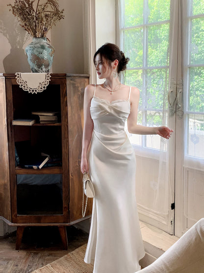 Spaghetti Straps Satin Sheath Wedding Dress Long Birthday Dress  P1659