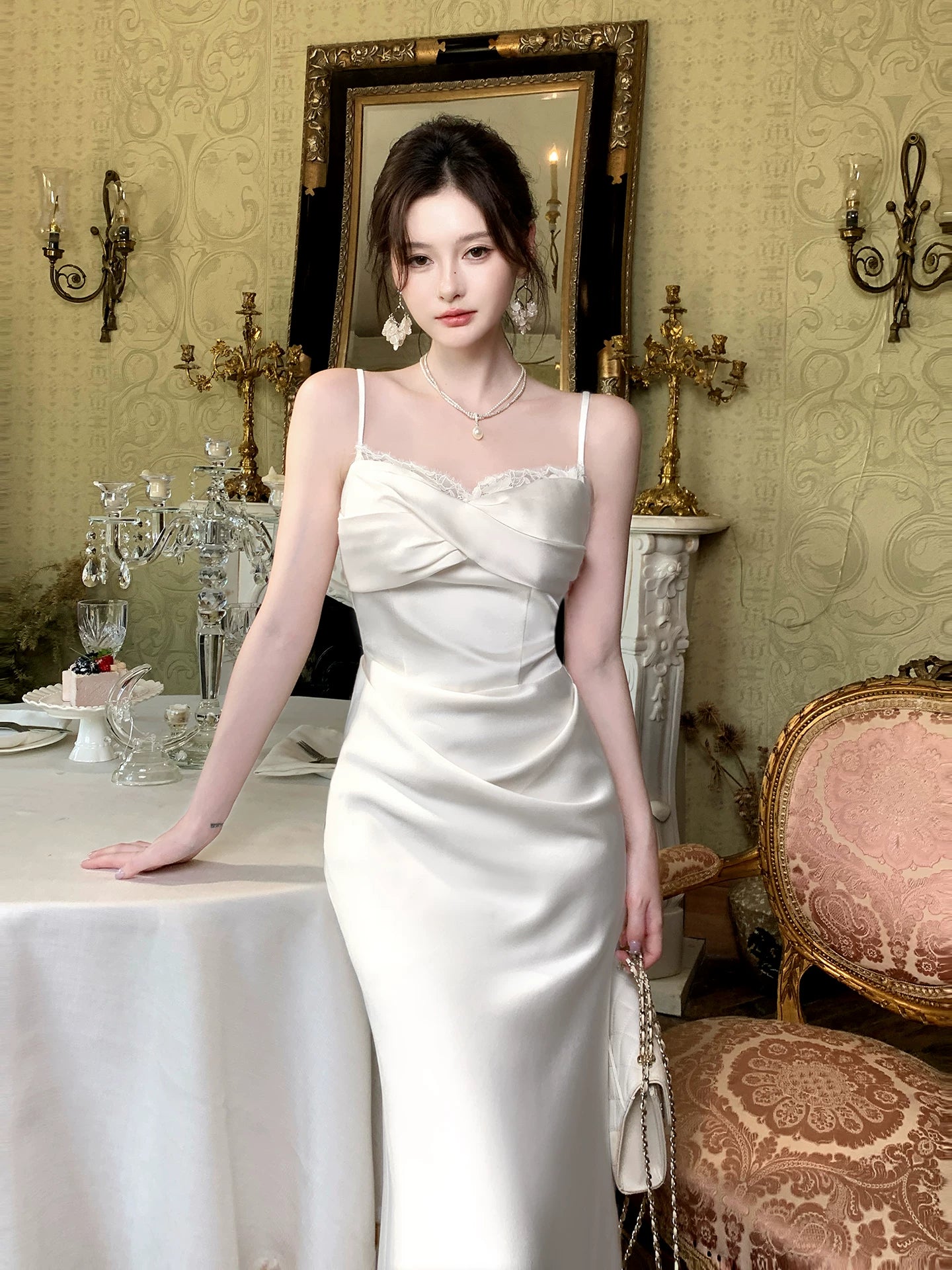 Spaghetti Straps Satin Sheath Wedding Dress Long Birthday Dress  P1659