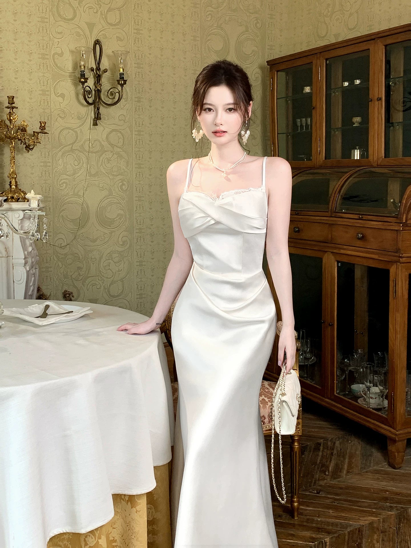 Spaghetti Straps Satin Sheath Wedding Dress Long Birthday Dress  P1659