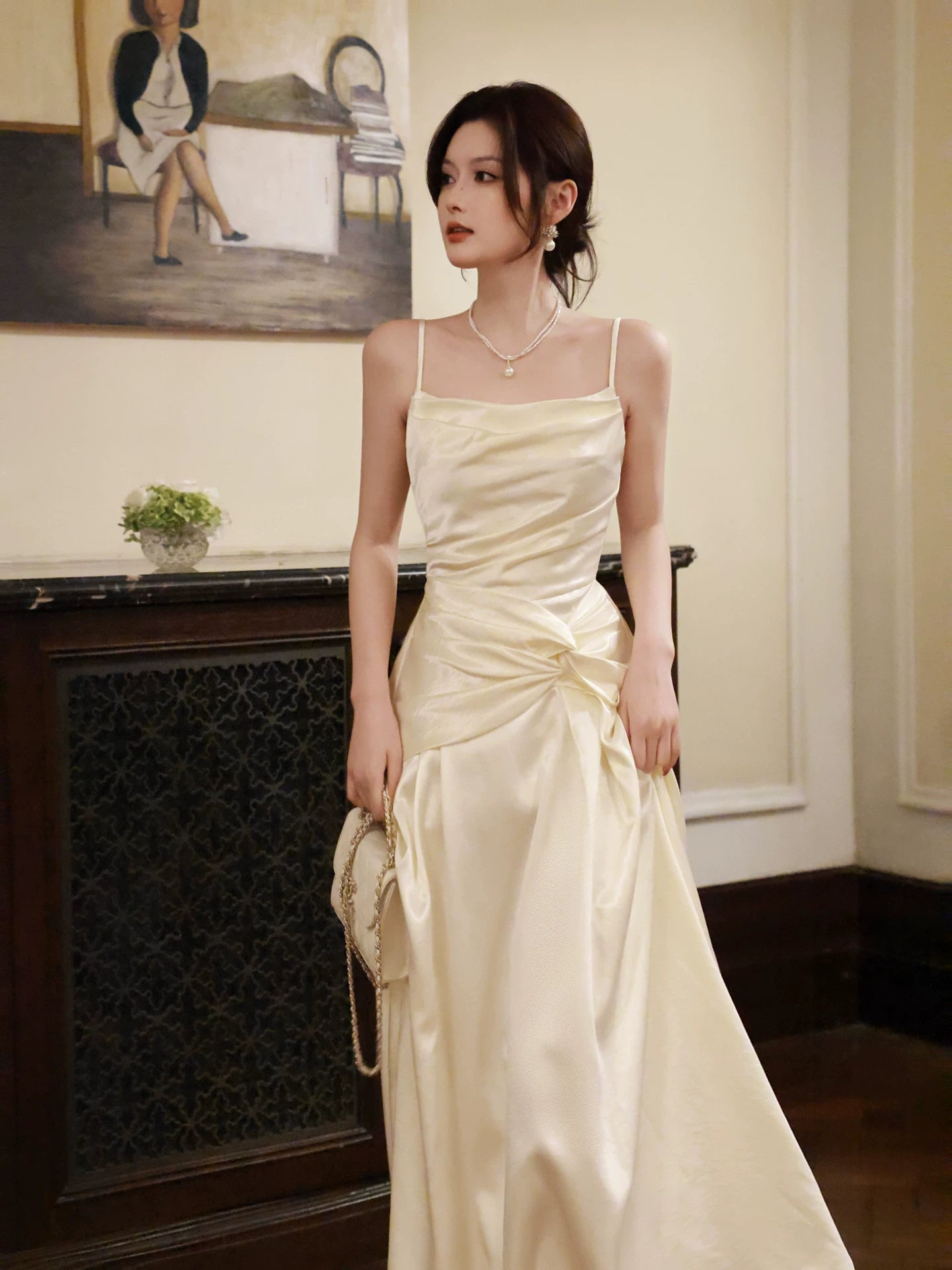 Spaghetti Straps Satin Ivory Evening Dress Formal Graduation Dress  P1530