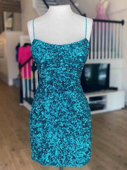 Spaghetti Straps Sequin Sheath Mini Homecoming Dresses  P2322