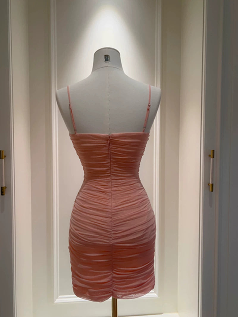 Spaghetti Straps Sheath Pink Short Homecoming Dress P1741
