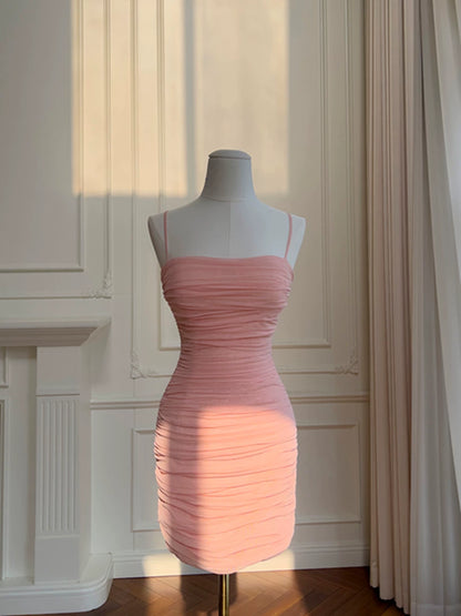 Spaghetti Straps Sheath Pink Short Homecoming Dress P1741