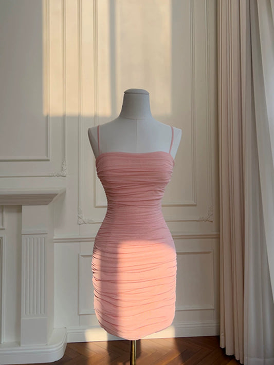 Spaghetti Straps Sheath Pink Short Homecoming Dress P1741