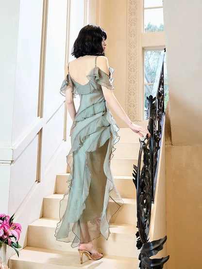 Spaghetti Straps Sheath Ruffled Long Prom Dresses  P729