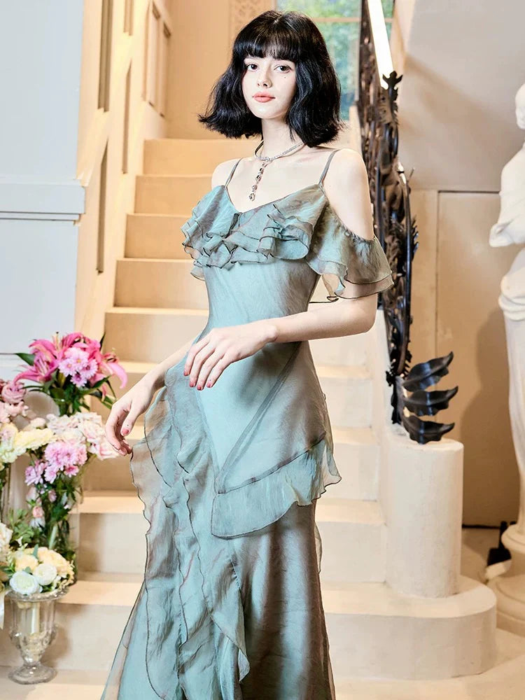 Spaghetti Straps Sheath Ruffled Long Prom Dresses  P729