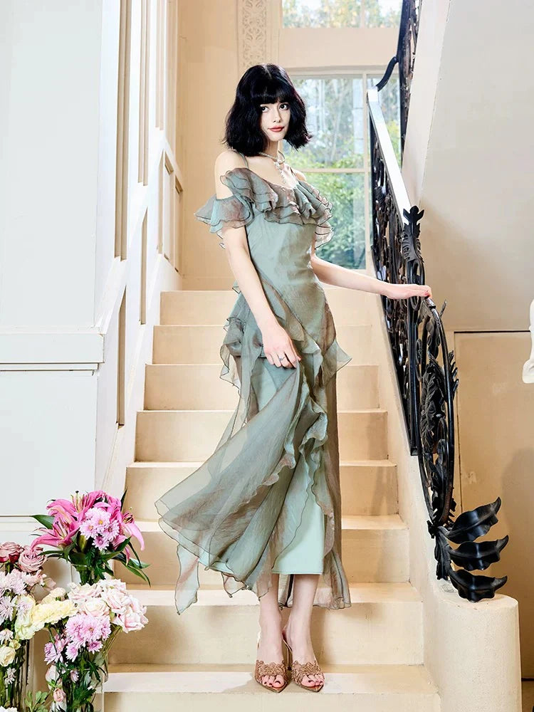 Spaghetti Straps Sheath Ruffled Long Prom Dresses  P729