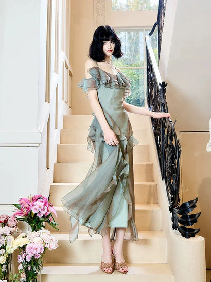 Spaghetti Straps Sheath Ruffled Long Prom Dresses  P729