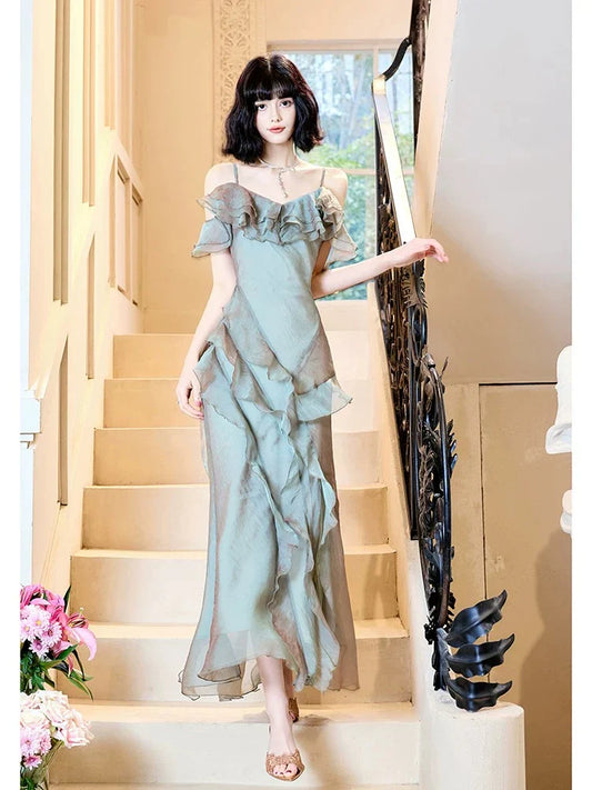 Spaghetti Straps Sheath Ruffled Long Prom Dresses  P729