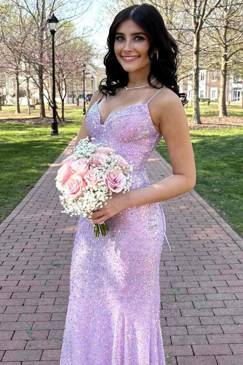 Spaghetti Straps V-Neck Sequined Sparkly Mermaid Prom Dress  P1146
