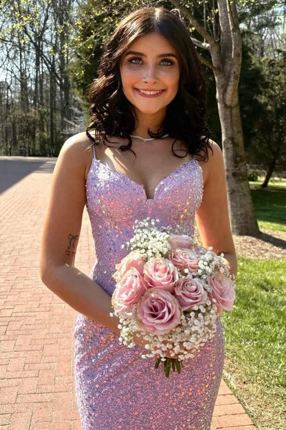 Spaghetti Straps V-Neck Sequined Sparkly Mermaid Prom Dress  P1146