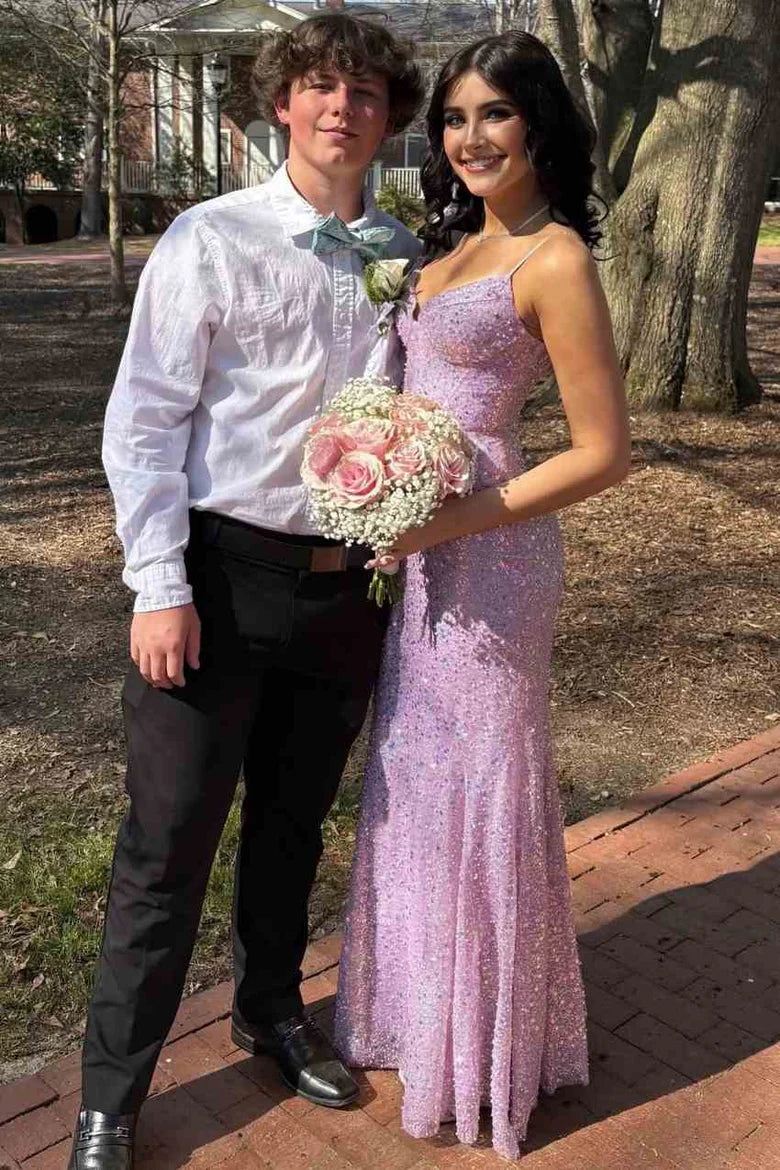 Spaghetti Straps V-Neck Sequined Sparkly Mermaid Prom Dress  P1146