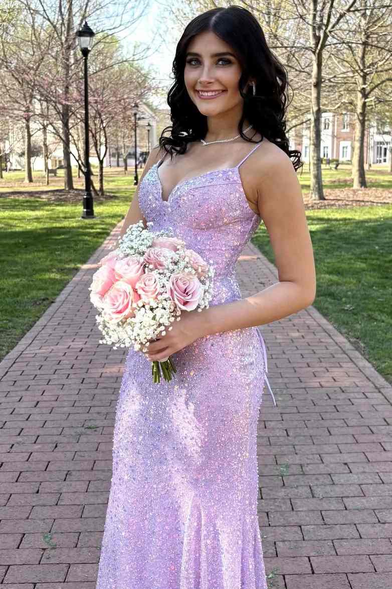 Spaghetti Straps V-Neck Sequined Sparkly Prom Dress   P2575