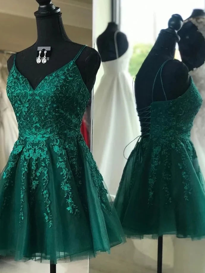 Spaghetti Straps V Neck Emerald Green Homecoming Dress   P2162