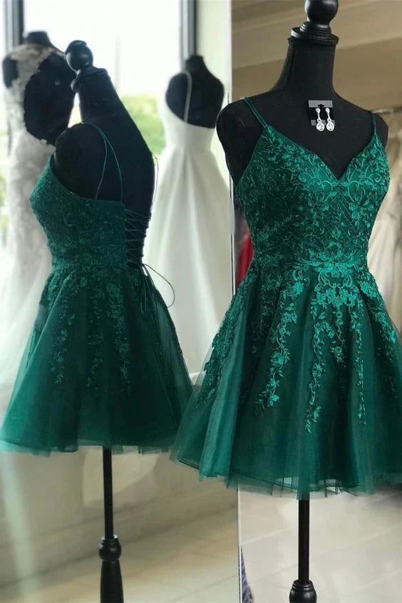 Spaghetti Straps V Neck Emerald Green Homecoming Dress   P2162