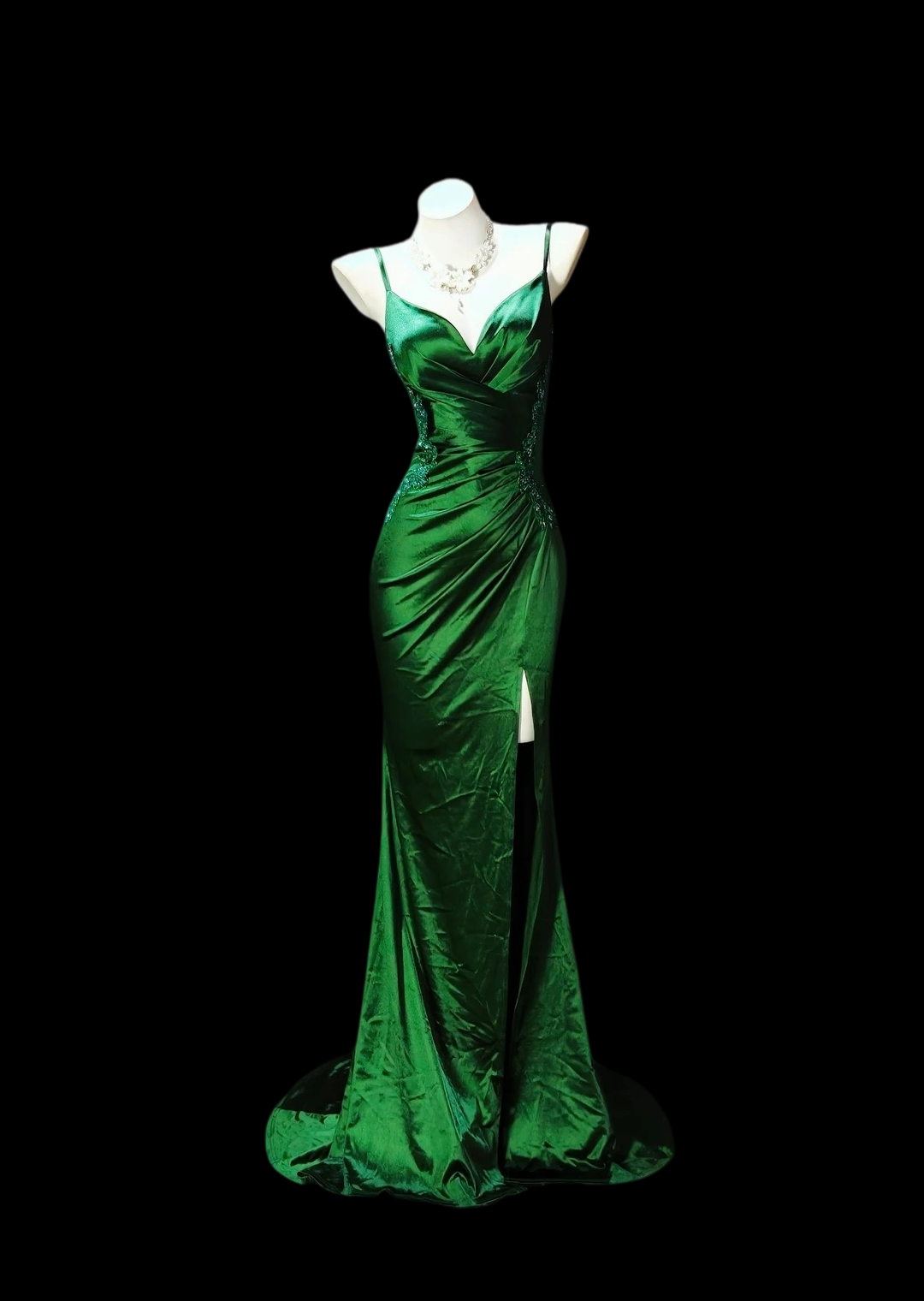 Spaghetti Straps V Neck Green Formal Prom Dress With Slit  P2428