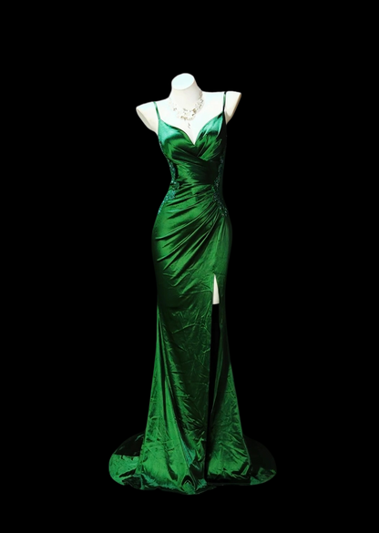 Spaghetti Straps V Neck Green Formal Prom Dress With Slit  P2428