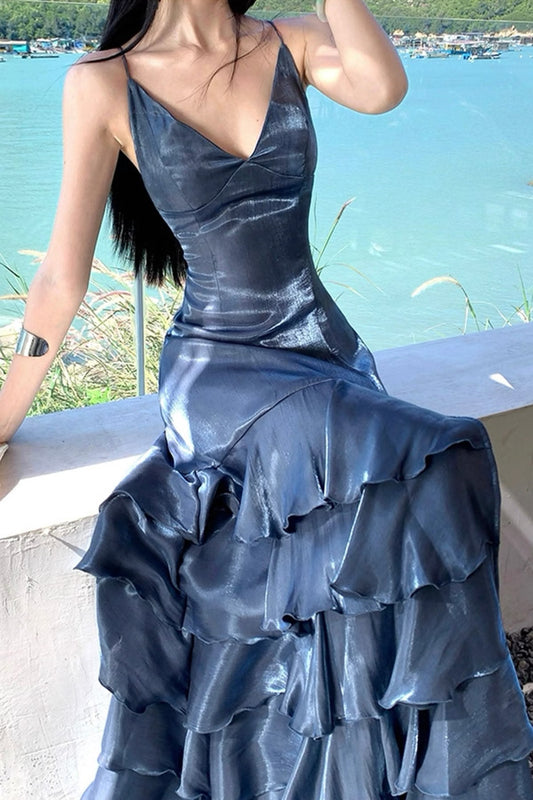 Spaghetti Straps V Neck Navy Blue Layered Prom Dress With Slit  P2627