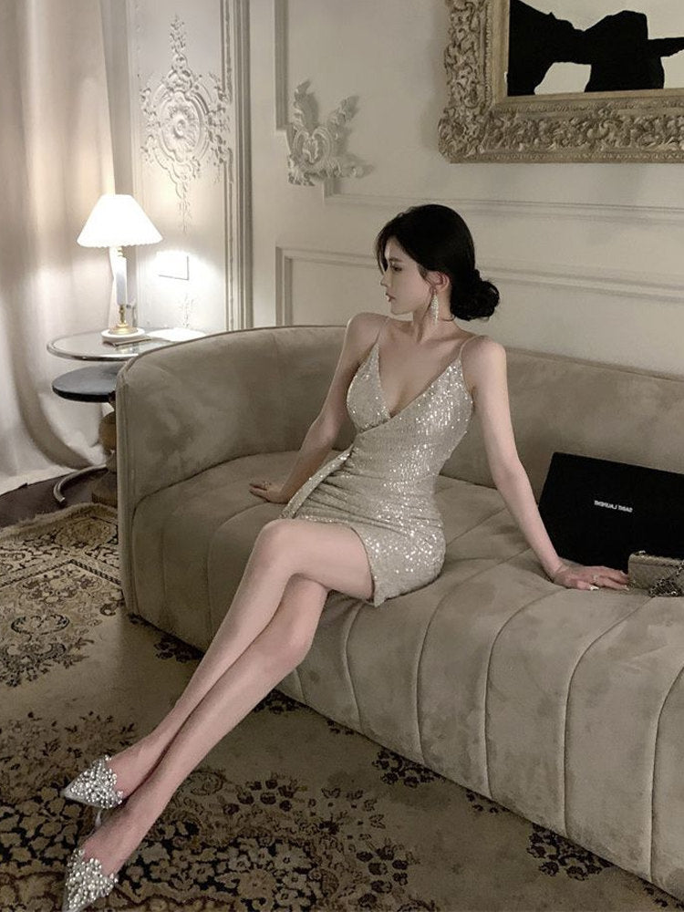Spaghetti Straps V Neck Sequin Sheath Birthday Dress   L172