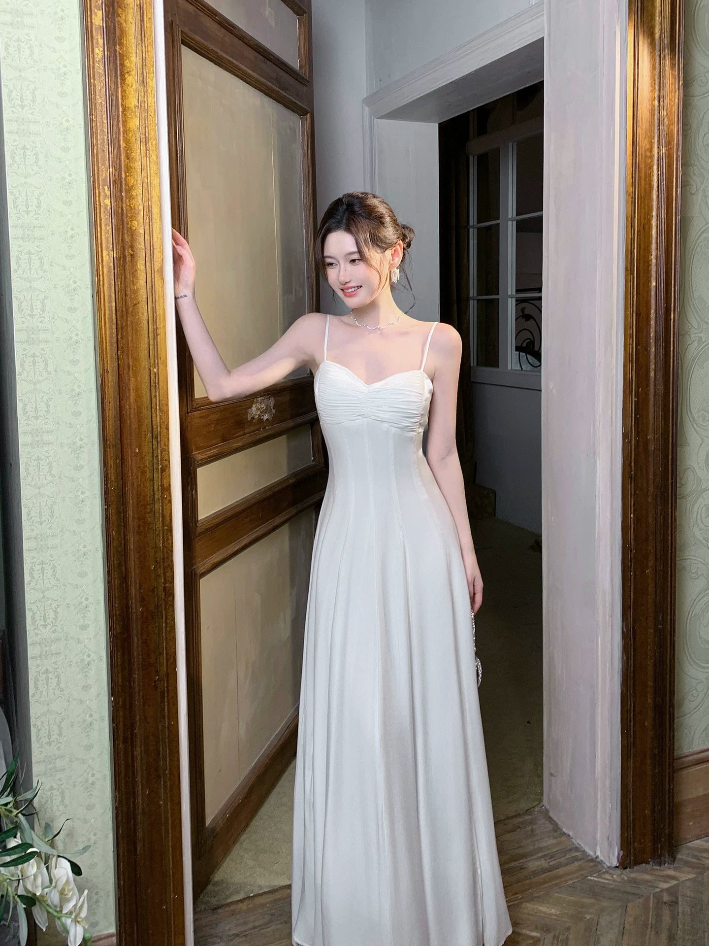 Spaghetti Straps White A Line Graduation Dress Formal Wedding Dress  P1643