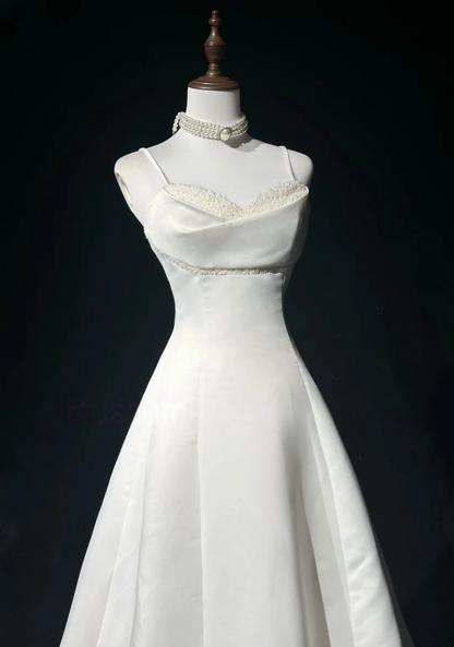 Spaghetti Straps White Beaded A Line Wedding Dress For Bridal  P833