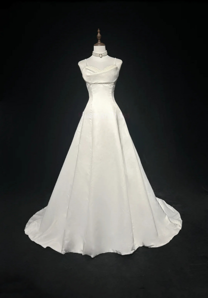 Spaghetti Straps White Beaded A Line Wedding Dress For Bridal  P833