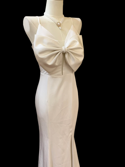 Spaghetti Straps White Mermaid Wedding Dress With Slit Bow Knot Birthday Dress  P802