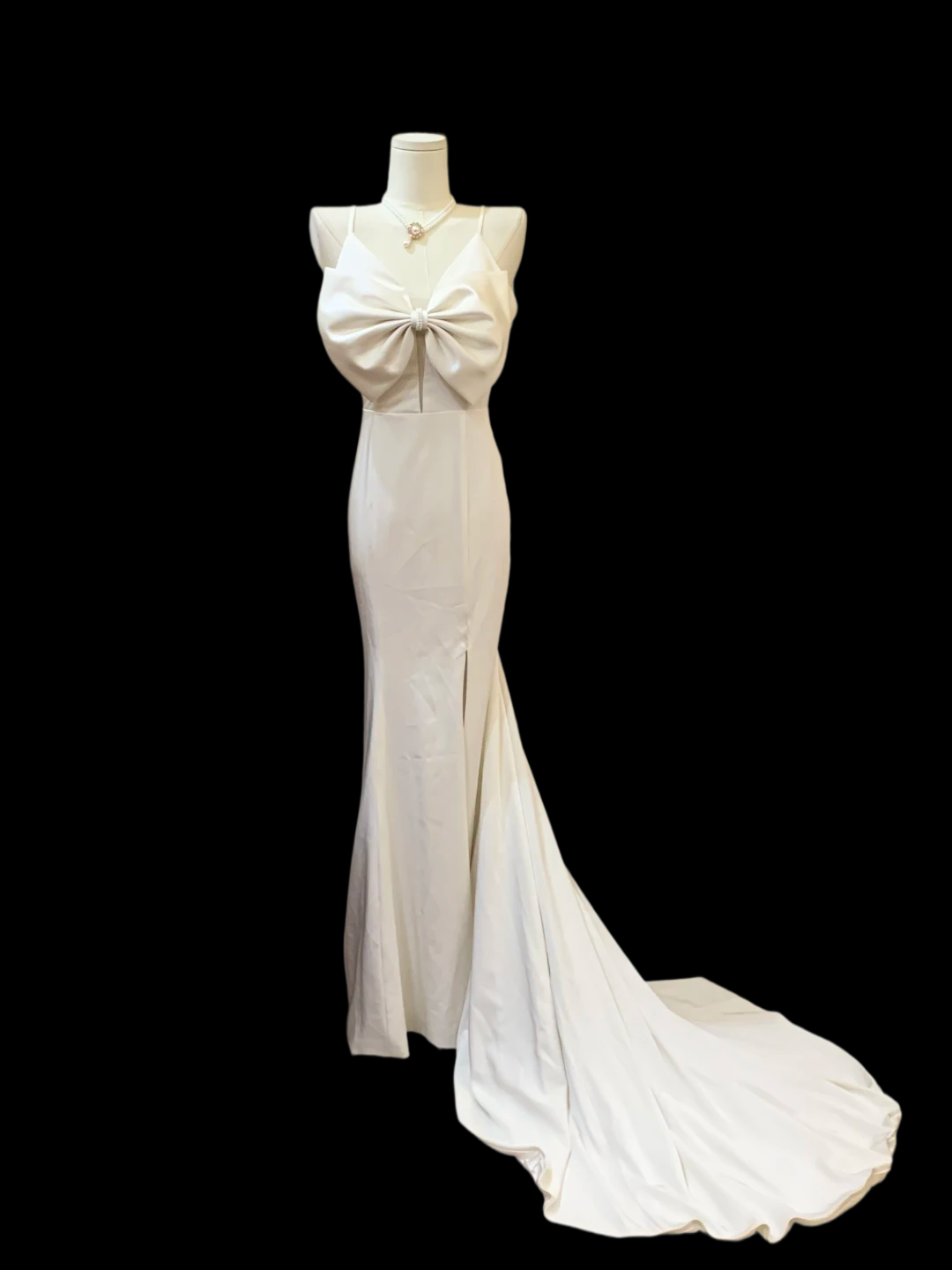 Spaghetti Straps White Mermaid Wedding Dress With Slit Bow Knot Birthday Dress  P802