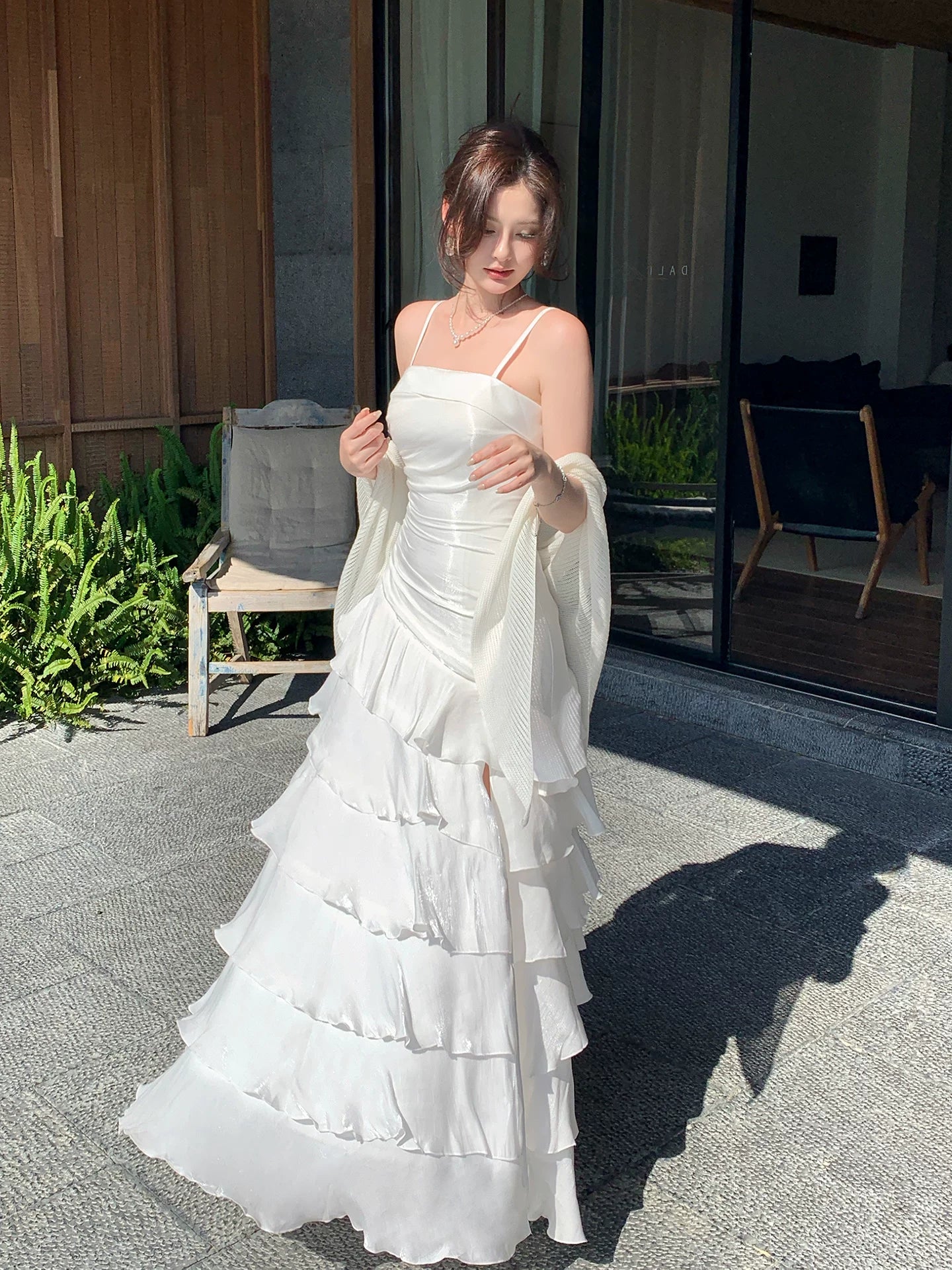 Spaghetti Straps White Ruffled Graduation Dress Layered Birthday Dress  P1599