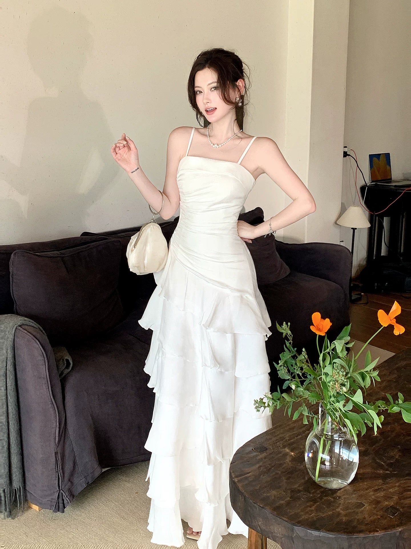 Spaghetti Straps White Ruffled Graduation Dress Layered Birthday Dress  P1599
