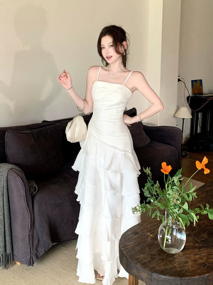Spaghetti Straps White Ruffled Graduation Dress Layered Birthday Dress  P1599