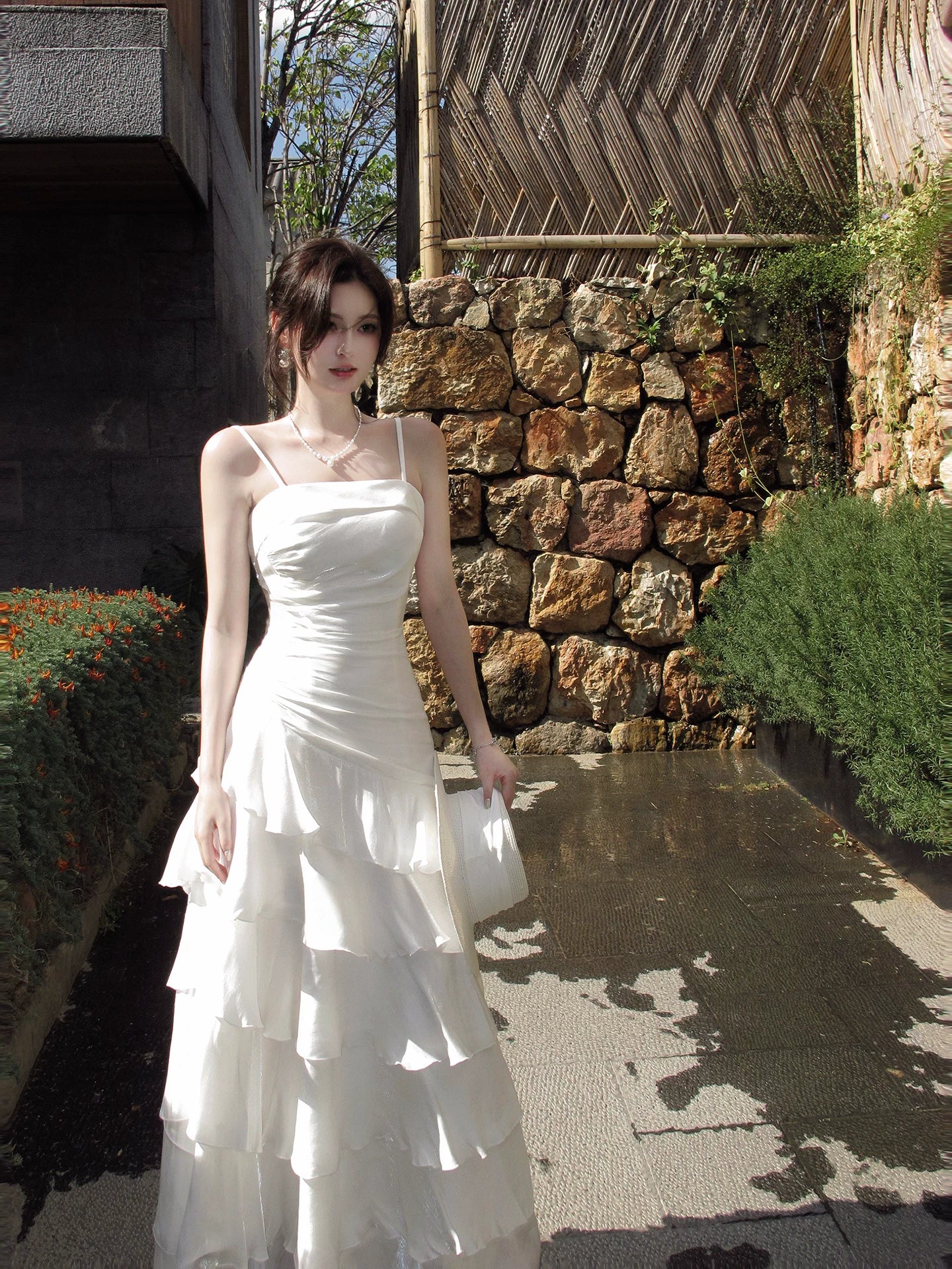 Spaghetti Straps White Ruffled Graduation Dress Layered Birthday Dress  P1599