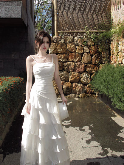 Spaghetti Straps White Ruffled Graduation Dress Layered Birthday Dress  P1599