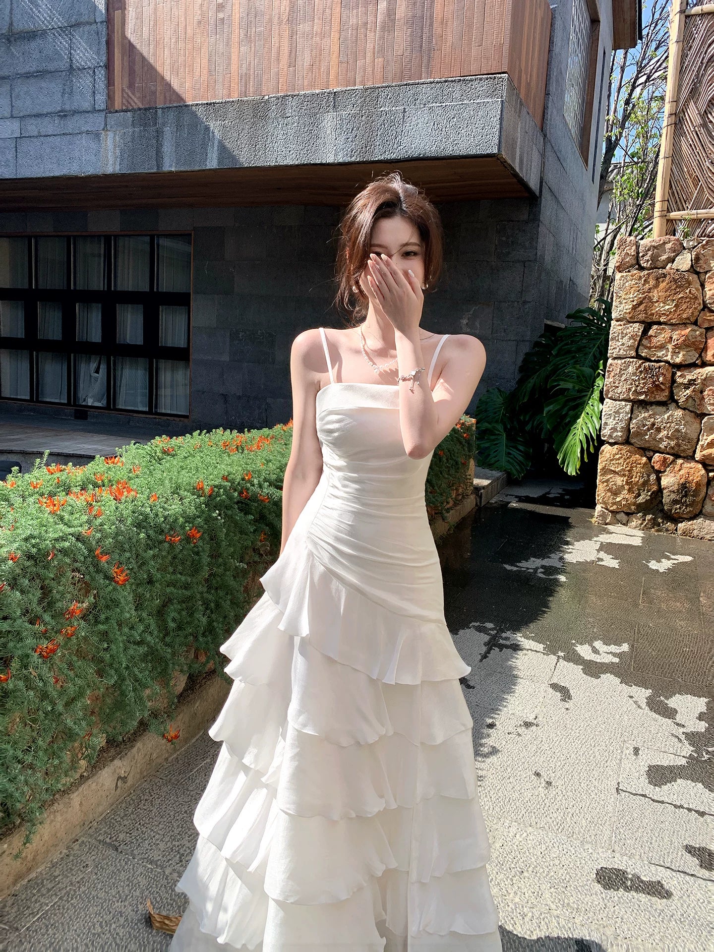 Spaghetti Straps White Ruffled Graduation Dress Layered Birthday Dress  P1599