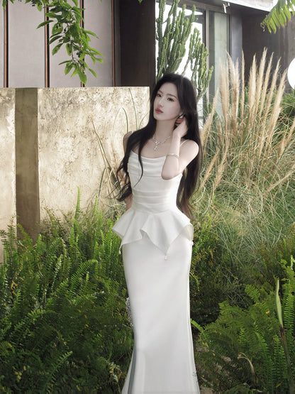Spaghetti Straps White Satin Birthday Dress Formal Wedding Dress   P1660