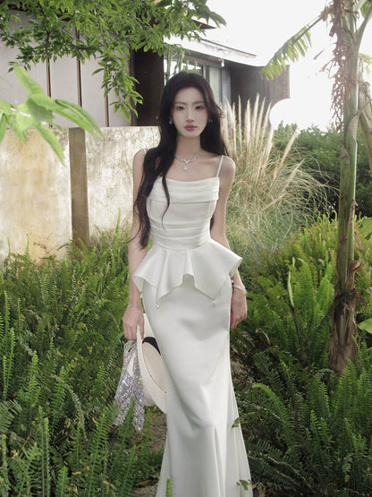 Spaghetti Straps White Satin Birthday Dress Formal Wedding Dress   P1660