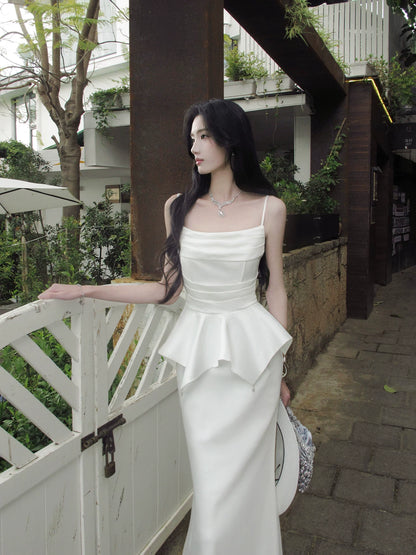 Spaghetti Straps White Satin Birthday Dress Formal Wedding Dress   P1660