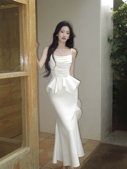 Spaghetti Straps White Satin Birthday Dress Formal Wedding Dress   P1660