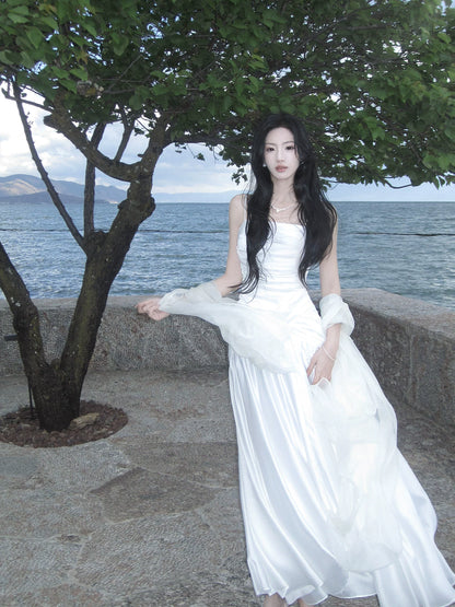 Spaghetti Straps  White Satin Wedding Dress Graduation Dress  P1621